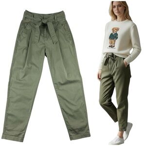 Polo Ralph Lauren Womens Belted Tapered Leg Pleated Pants Size 0 Green Preppy Gr